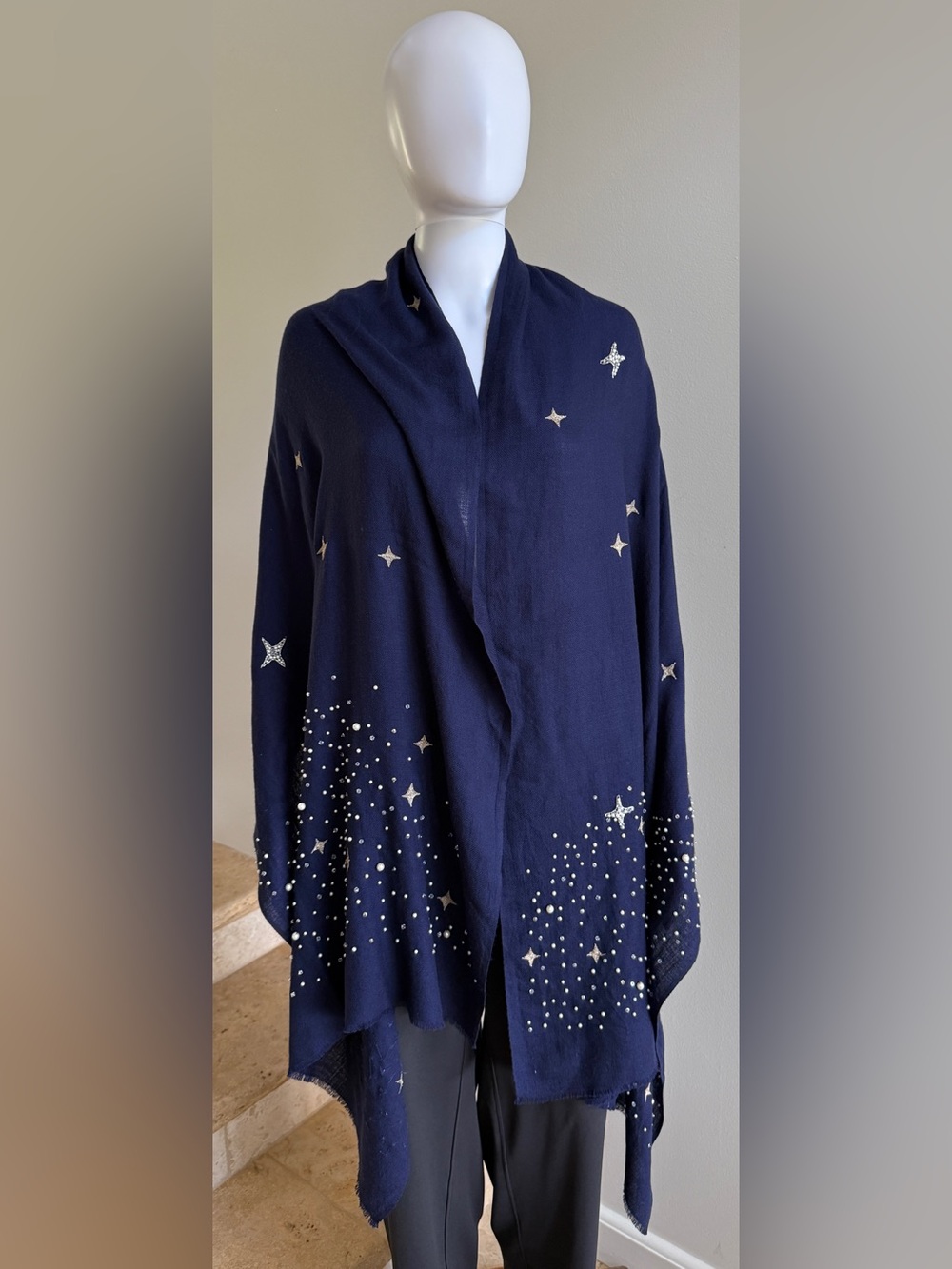 JANAVI 100% Merino Wool Beaded Crystal Pearl Star Shawl Scarf